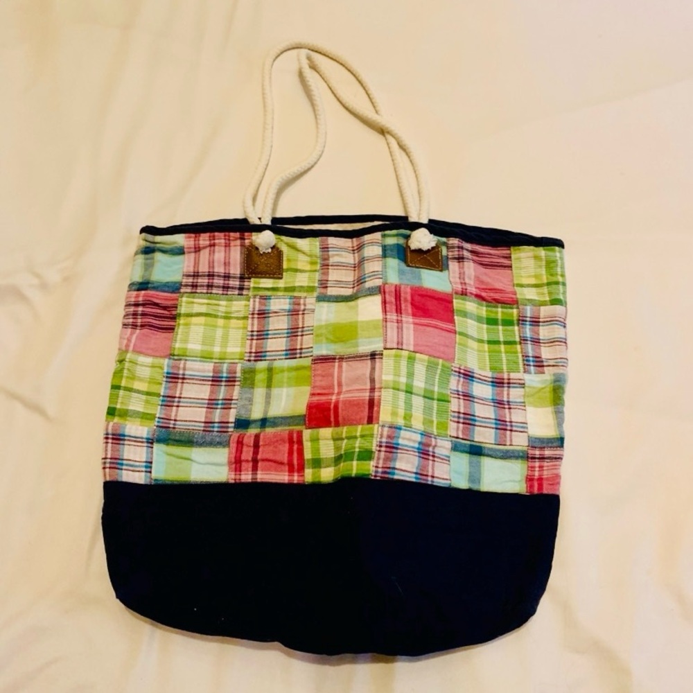 Handmade tote bag washable reusable patchwork plaid pink blue green canvas - Picture 2 of 9